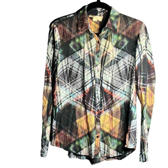 Nicole Miller Abstract Plaid Button Down Long Sleeve Shirt Size Small - Picture 1 of 9